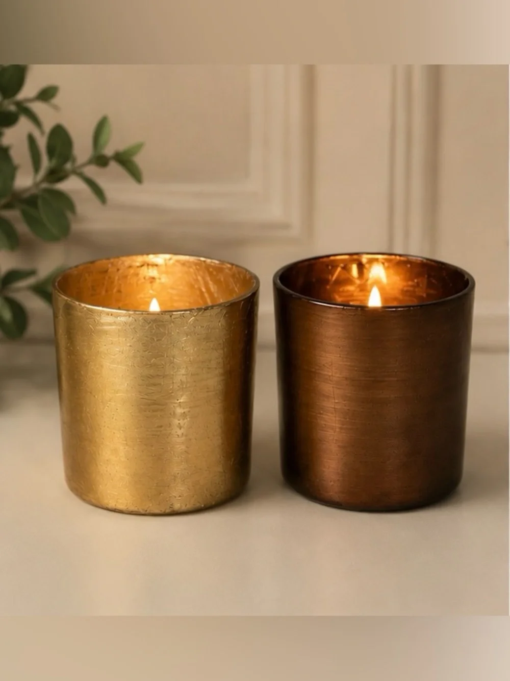 Metallic Glass Votive Candle Holders Set of 2 Gold Brown Decor